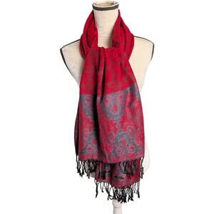 Pashmina Women's Red Grey 100% Cashmere Paisley Scarf Shawl Fringe Soft Elegant